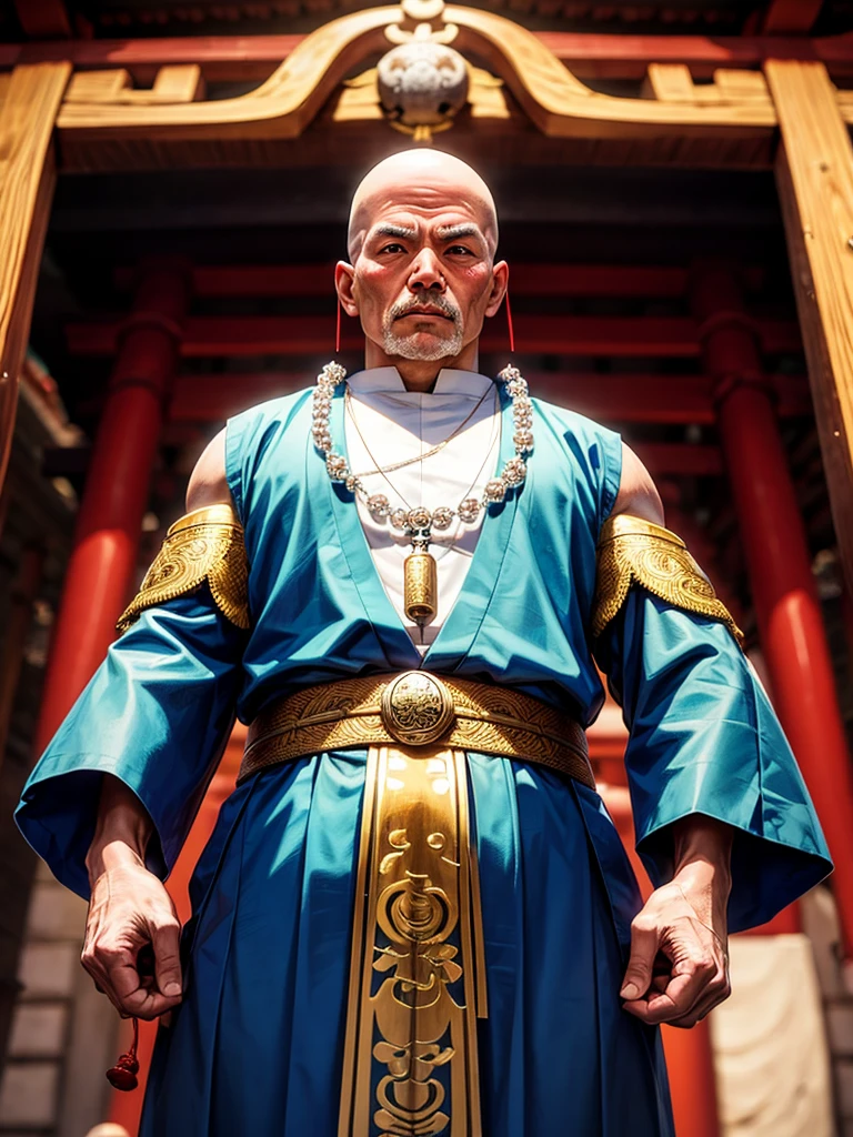 Highest quality,Highest Resolution,An old monk holding a rosary,Temple grounds,Japan,Skinhead,Standing posture,Crystal Jade,Boxing,