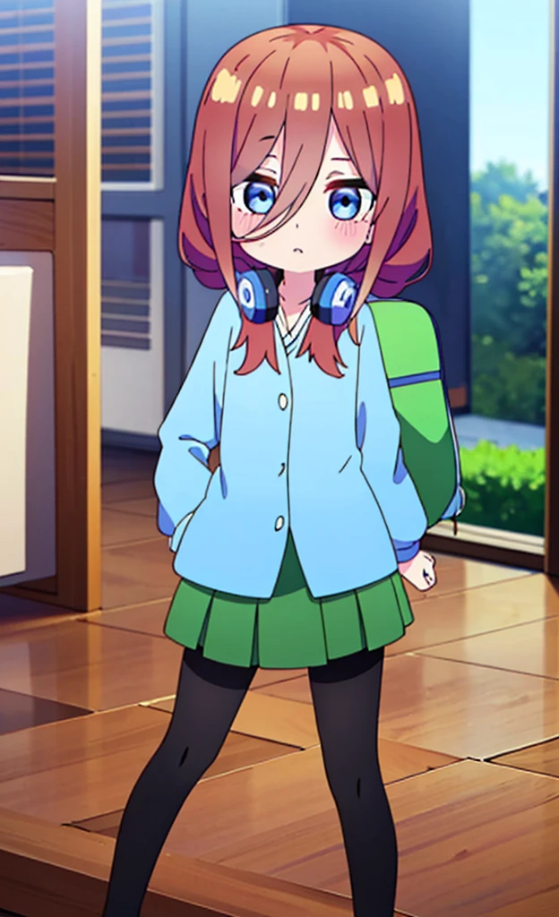 masterpiece,Highest quality,1 Girl,alone,Pokémon-like art style,(bold:1.6),(flat:1.5), miku nakano, Long Hair, bangs, blue eyes, Brown Hair, shirt, Hair between the eyes, Headphones, Headphones AROUND NECK,
skirt, shirt, Long sleeve, WHITE shirt, Black Pantyhose, PLEATED skirt, Black Pantyhose, cardigan, GREEN skirt, light BLUE cardigan, whole body,