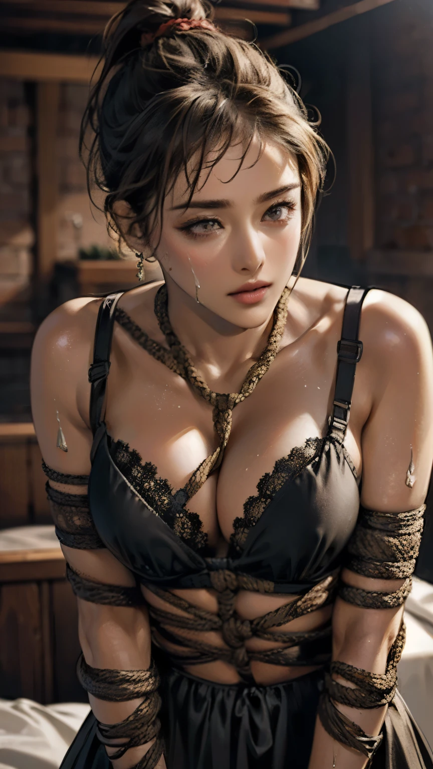 (8K.RAW Photos), ((Highest quality)), ((masterpiece)), (detailed), I,Asian Sexy, (bondage:1.4), Glamour, (Sweating profusely throughout the body:1.3), (Black Hair), (short hair), (ponytail), (Bedroom), (Being tied up with rope:1.5), ((C-cup breasts with firmness)), ((Standing with legs wide apart)), ((Close your eyes)), ((Fearful expression)), ((Black lingerie)), necklace, Earrings, bracelet,