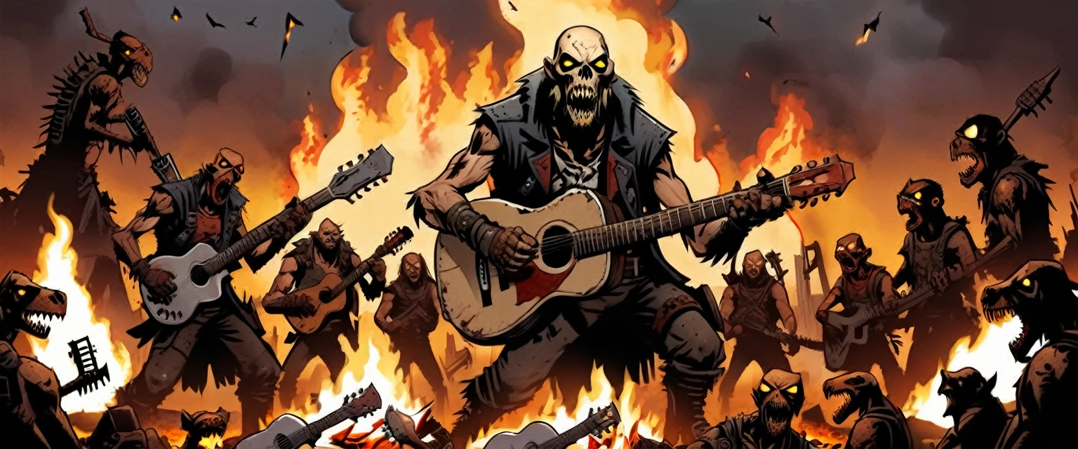 breathtaking graphic novel illustration of At a crossroads in a post-apocalyptic wasteland, a wanderer with a guitar made of scrap metal sings tales of the old world. Mutant creatures gather around the campfire, their eyes filled with longing.