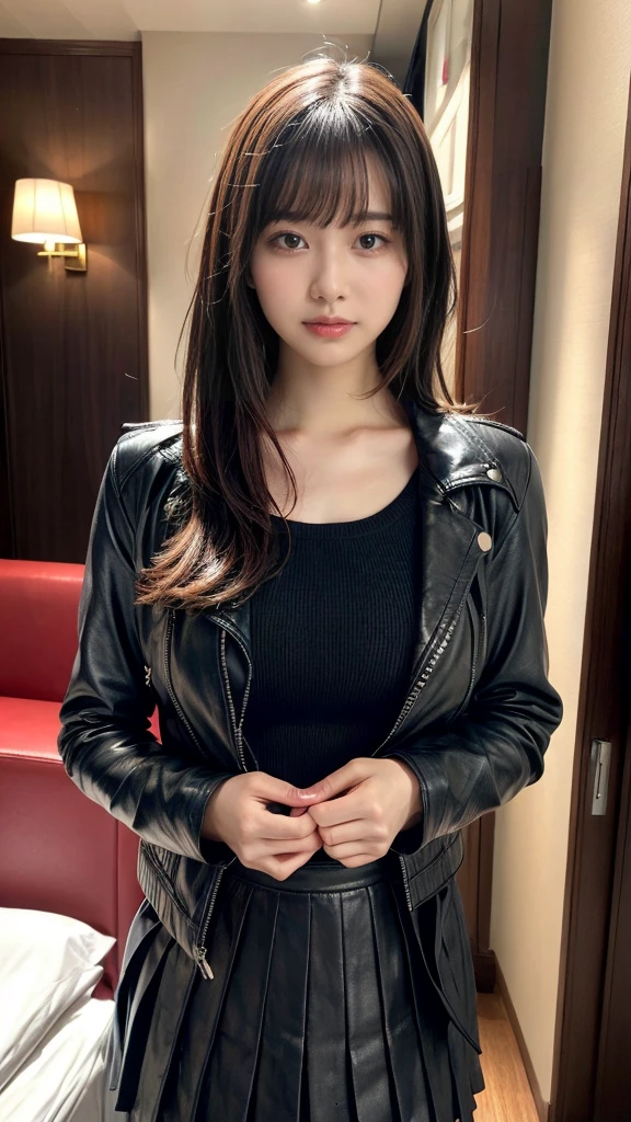 masterpiece, best quality, illustration, Super detailed, fine details, High resolution, 8K,wall paper, perfect dynamic composition, front view, upper body, Upper body only, 18 year old girl, Gravure Idol, cute type, (Details High quality, realistic depiction of eyes:1.3), revealing clothes, straight hair, bangs, black hair color, Dark makeup, Big Natural Color Lip, perfect body shape, plump figure, beautiful clavicle, Black leather jacket, Knit sweater that goes all the way down to the neck, pleated skirt, hotel room