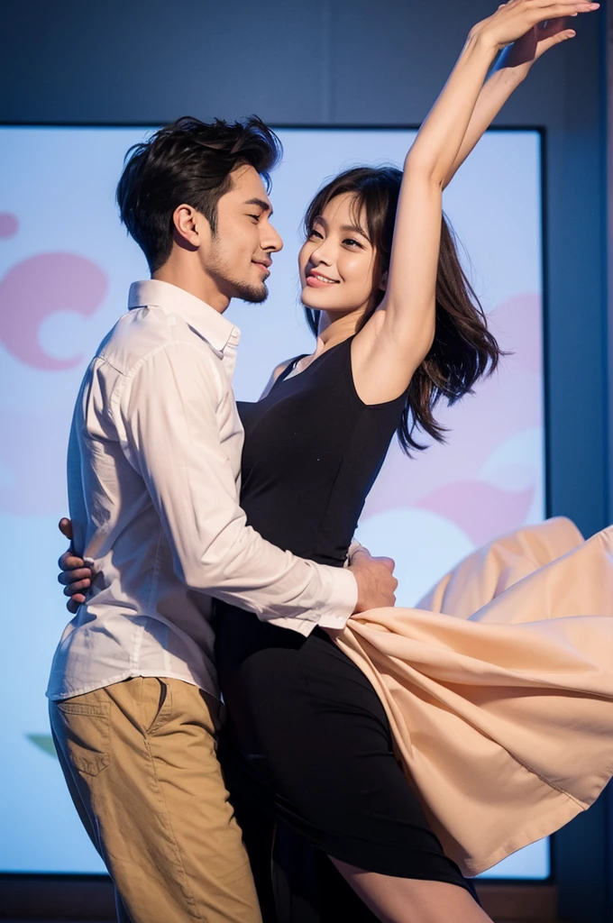 A cartoon illustration of a male and female couple looking at each other and dancing.