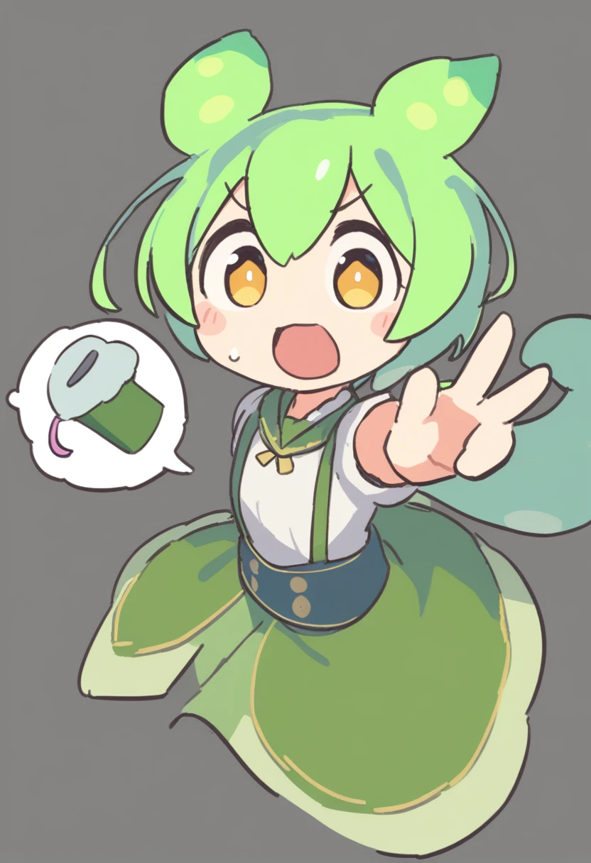 One girl,Zundamon,Voice Box ,Green Hair,、Wide open mouth、Surprised、Jaw detached、Funny Face,Simple white background、No text