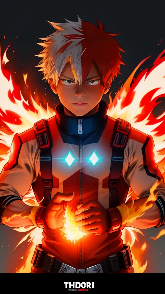 Create a poster of Shoto Todoroki from the anime 'My Hero Academia'. The image should feature a neon glow effect. Half of Todoroki's body should be engulfed in ice, while the other half is ablaze with fire. Make sure the ice side is cool with frosty blue and white hues, and the fire side is hot with vibrant red and orange flames. Include a dynamic pose and a detailed background that complements the neon glow effects. Add any other details to enhance the overall aesthetic of the poster