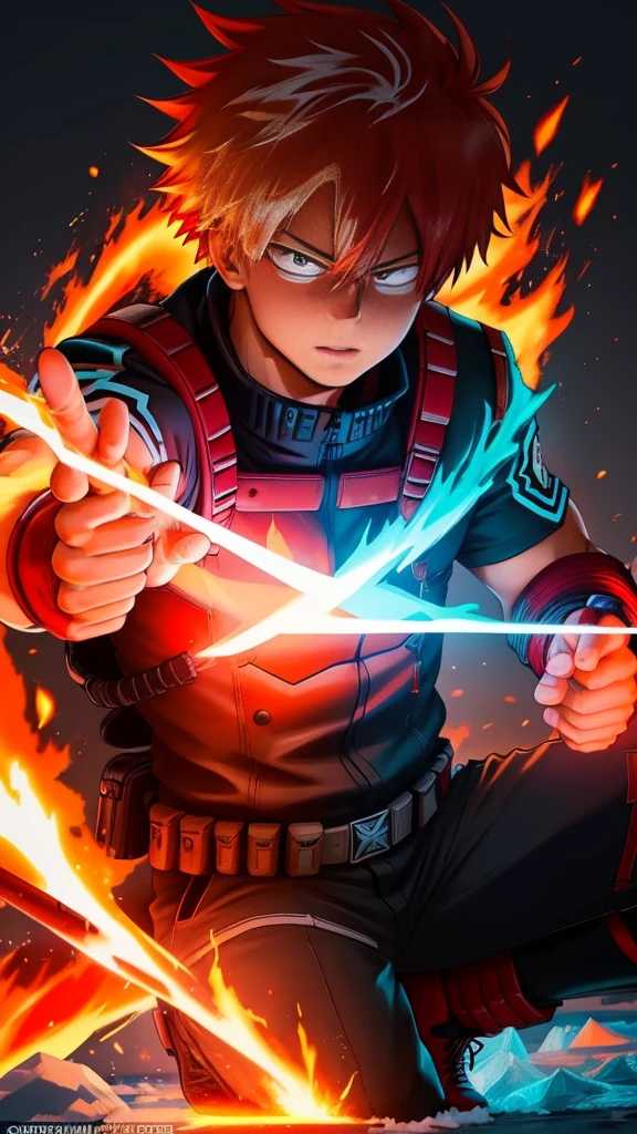 Create a poster of Shoto Todoroki from the anime 'My Hero Academia'. The image should feature a neon glow effect. Half of Todoroki's body should be engulfed in ice, while the other half is ablaze with fire. Make sure the ice side is cool with frosty blue and white hues, and the fire side is hot with vibrant red and orange flames. Include a dynamic pose and a detailed background that complements the neon glow effects. Add any other details to enhance the overall aesthetic of the poster