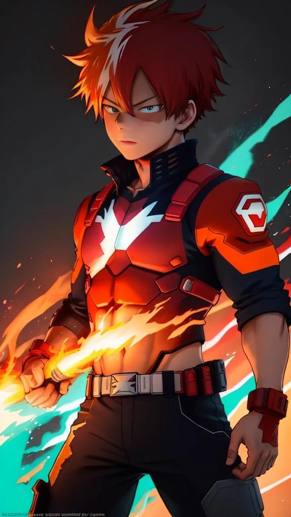 Create a poster of Shoto Todoroki from the anime 'My Hero Academia'. The image should feature a neon glow effect. Half of Todoroki's body should be engulfed in ice, while the other half is ablaze with fire. Make sure the ice side is cool with frosty blue and white hues, and the fire side is hot with vibrant red and orange flames. Include a dynamic pose and a detailed background that complements the neon glow effects. Add any other details to enhance the overall aesthetic of the poster