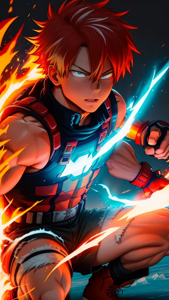 Create a poster of Shoto Todoroki from the anime 'My Hero Academia'. The image should feature a neon glow effect. Half of Todoroki's body should be engulfed in ice, while the other half is ablaze with fire. Make sure the ice side is cool with frosty blue and white hues, and the fire side is hot with vibrant red and orange flames. Include a dynamic pose and a detailed background that complements the neon glow effects. Add any other details to enhance the overall aesthetic of the poster