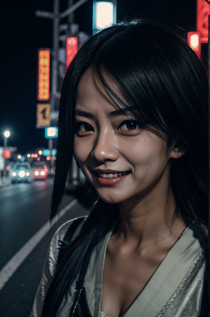 Kochisake-onna Stand on a road with horror smile at night ( horror scenes 4k quality image)