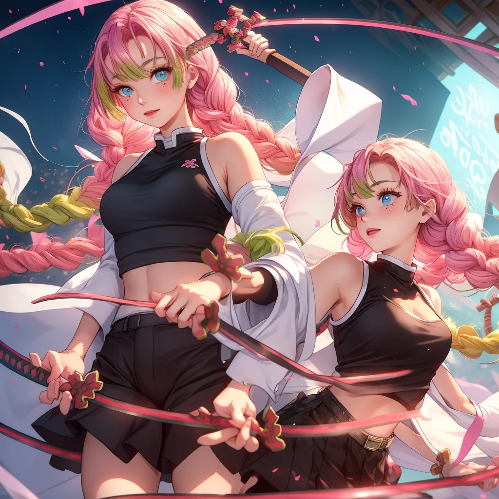 Girl、(((One person)))、Pink Hair、Shortcuts、Black mini skirt、camisole、Blue Eyes、(((Holding a Japanese sword)))、stage、Spot Tight、Uplifting