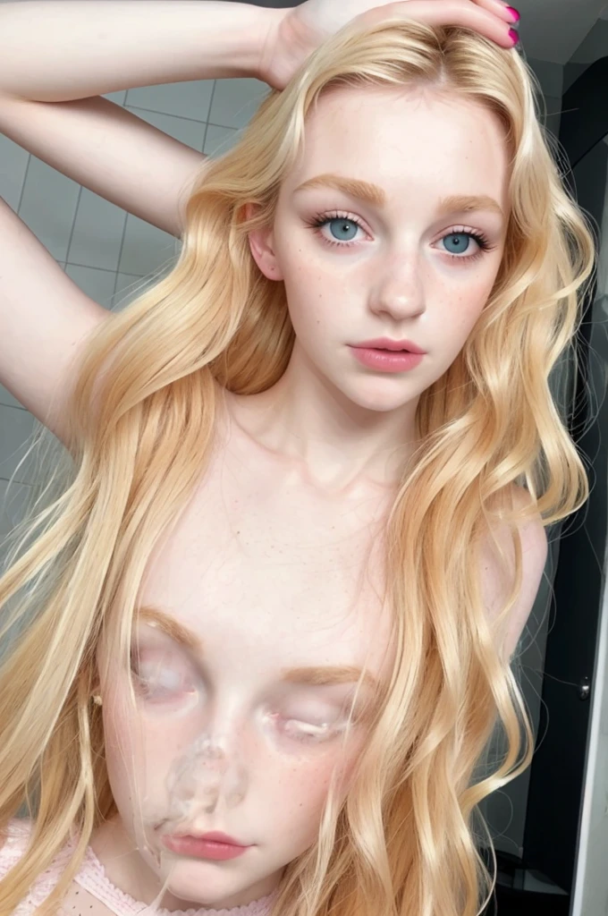 right arm up, full body, shower, Light blonde hair, Wavy blonde hair, Wavy blonde hair, With small fringe, black eye, Upturned and beautiful nose, Thick lips, Cupid with heart shaped lips.., Pink Lips, pale, White skin, Nice and soft skin, I have freckles and moles, Beautiful eyebrows, Exceptionally beautiful collarbones, she is wearing pink fishnet, With women's underwear, yoga wear