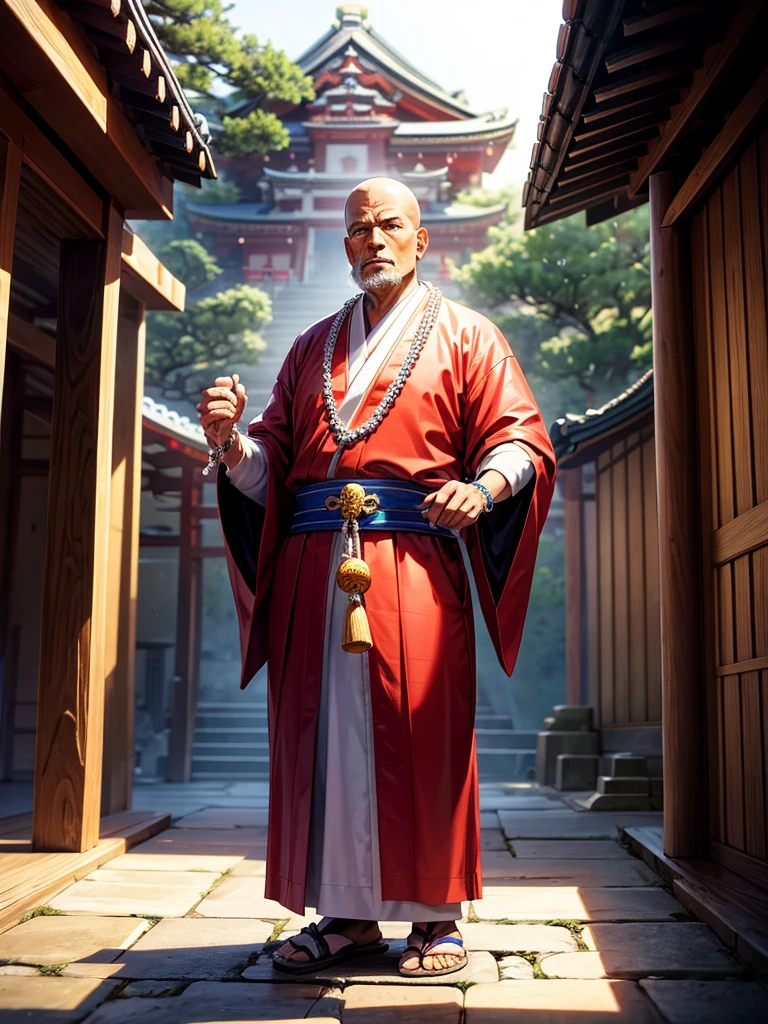 Highest quality,Highest Resolution,An old monk holding a rosary,Temple grounds,Japan,Skinhead,Standing posture,Crystal Jade,Boxing,