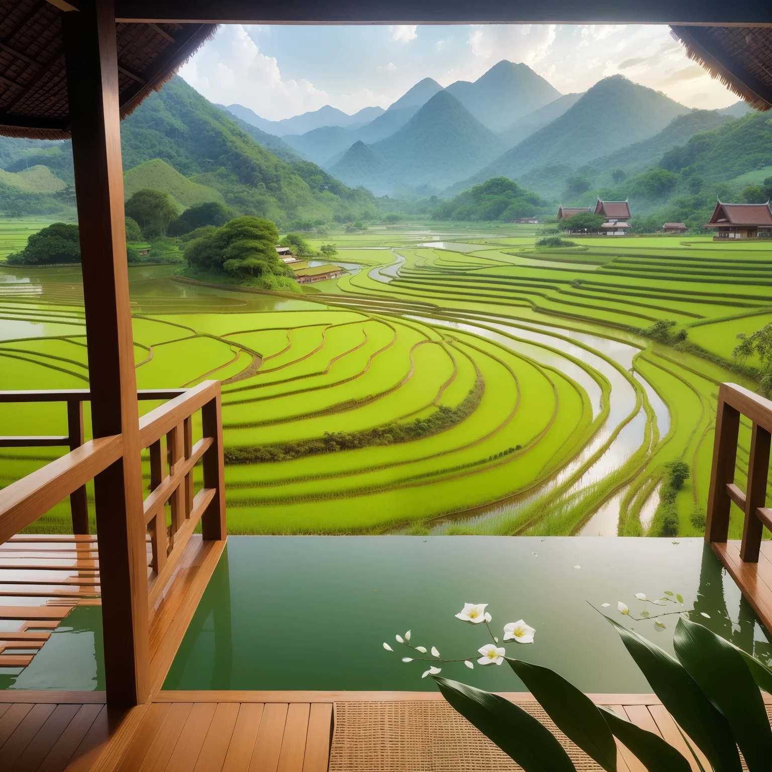 (masterpiece, best quality, ultra high res, capture of authentic charm, picturesque Thai countryside, vivid greens, lush rice paddies, serene, golden hour lighting, traditional Thai architecture, detailed teak houses, rural peace, opportunity to witness local life, 4K, trending, natural light, wide angle)

Thai Countryside Masterpiece: A breathtaking capture of the authentic charm and picturesque Thai countryside, showcasing lush rice paddies, serene waters reflecting vivid greens, and traditional Thai architecture. The masterpiece is a testament to the rural peace that pervades the area, offering a unique opportunity to witness the local life