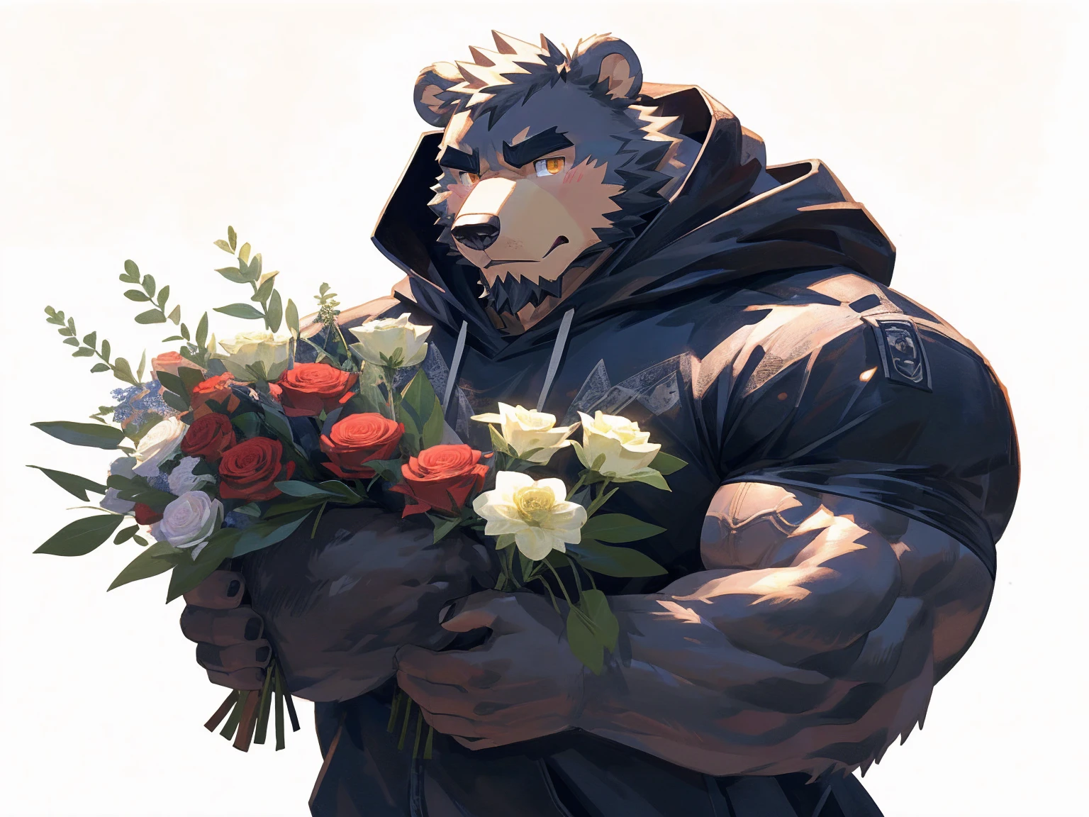 (masterpiece:1.2), best quality,pixiv,official art,perfect anatomy, (Ray tracing, light),solo, (1_male:1.3) , (muscle), (grey fur:1.4), (muscle bear), (beard:1.2), (gleaming golden eyes), bear tail, Thick black eyebrows, (open black hoodie :1.3) , (naked inside:1.2), cargo pants, portrait , (white background:1.3) ,(ring on finger:1.3), (holding big bouquet:1.3), unhappy