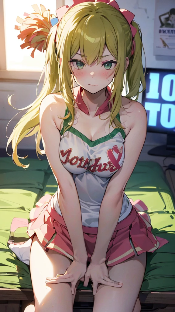 masterpiece, super fine illustration, best quality, light particles, ultra-detailed, 8K wallpaper, (bright colors:1.2), (mature woman), (big breasts), (blonde long hair), twintail, two side up hair, scrunchie, disheveled hair, shiny hair, shiny skin, (beautiful green eyes, shiny eyes), happy smile, blush cheeks, (under boob:1.3), crop top, nipple, (micro skirt, vagina), (cheerleader:1.4), (girl wave 2 cheer pompons:1.2), blush cheeks, arched back, nsfw, outdoor, Athletics grounds, Sunlight, (heart), (vaginal penis:1.2), (a man), (sit astride on man), (lady on top), (cowgirl position:1.4), (rodeo:1.4), hetero, man in below, (intense Sex:1.4), (cum out:1.2), pov,