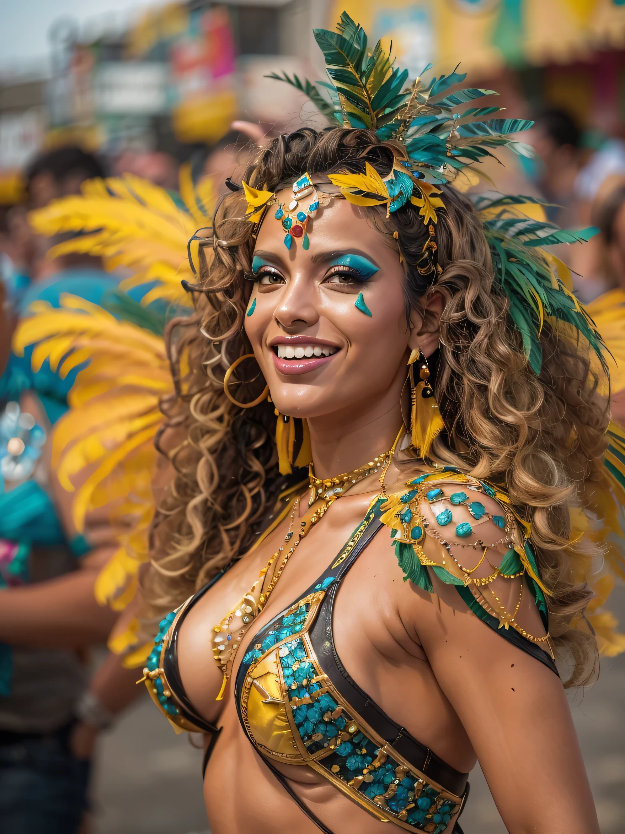 Amazing and ultra hot Brazilian transgender woman celebrating life in carnival,(bzccostume), bodypaint, ultra hot, she is ultra hot and sexy body, she has amazing figure, delicious round booty,((body painted body1.4)),small natural breast, beautiful gaze, happy smile, curly hair, latina transgender, shemale, sexy shemale, Carnival in Brazil, detailed background, depth in vision