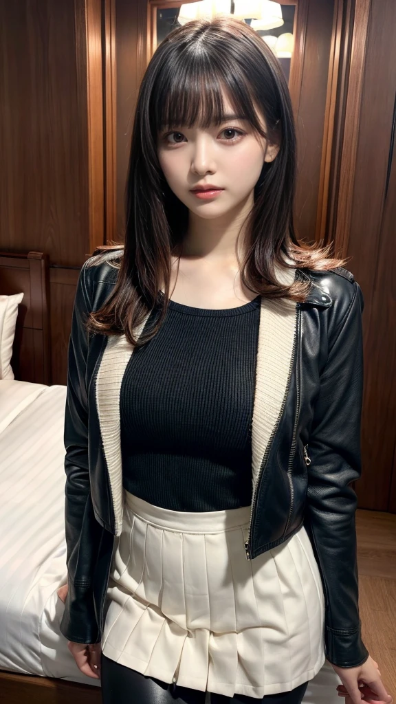 masterpiece, best quality, illustration, Super detailed, fine details, High resolution, 8K,wall paper, perfect dynamic composition, front view, upper body, Upper body only, 18 year old girl, Gravure Idol, cute type, (Details High quality, realistic depiction of eyes:1.3), revealing clothes, straight hair, bangs, black hair color, Dark makeup, Big Natural Color Lip, perfect body shape, plump figure, beautiful clavicle, Black leather jacket, Knit sweater that goes all the way down to the neck, pleated skirt, hotel room