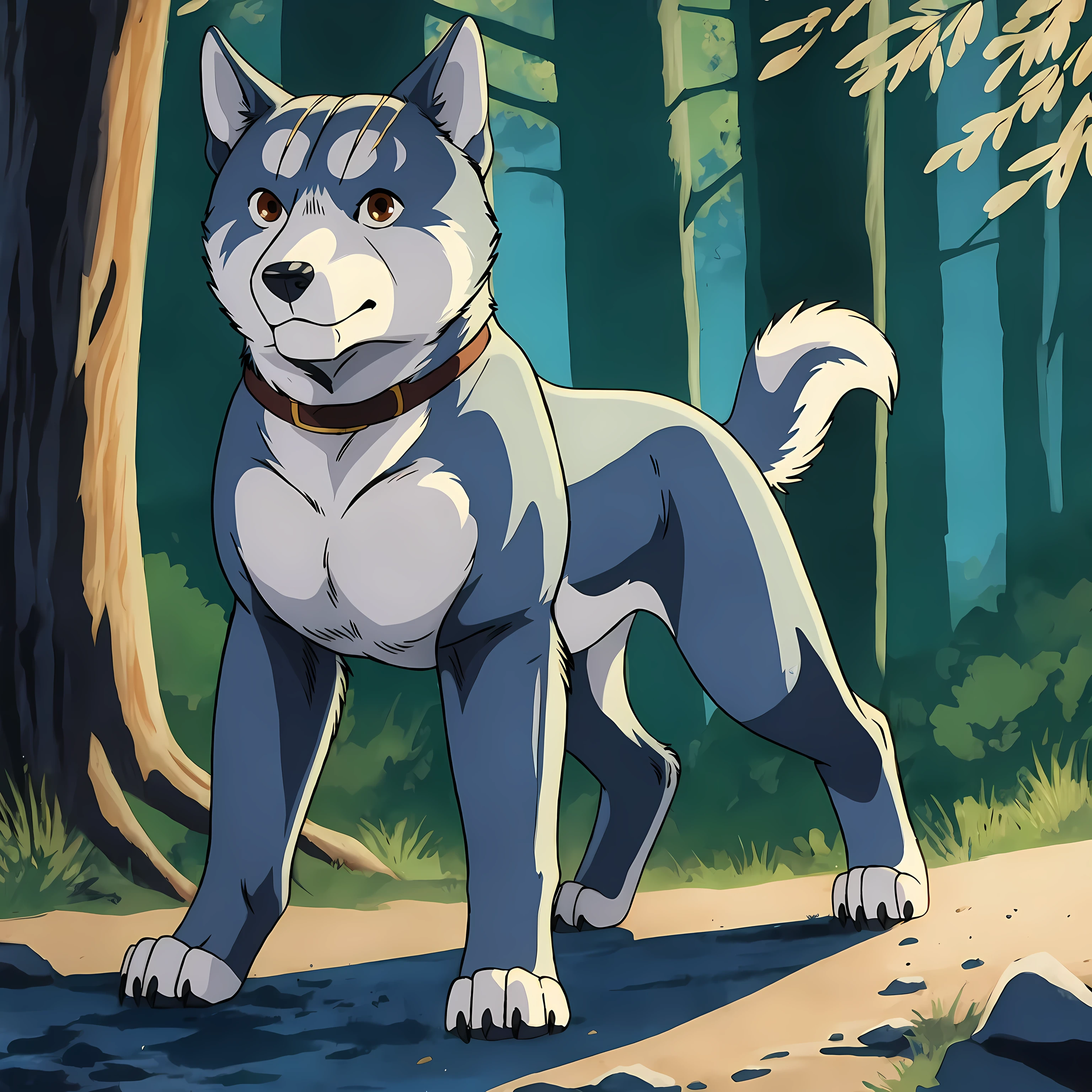 gin (ginga), black collar, dog, brown eyes, glinting eyes, detailed eyes, detailed collar, young, male, feral, quadruped, full body:1.1, muscular, pectorals, paws, detailed, high quality, best resolution, solo, forest background, tail, by negger, by marjani, cel shaded, light blue fur, light blue paws, 