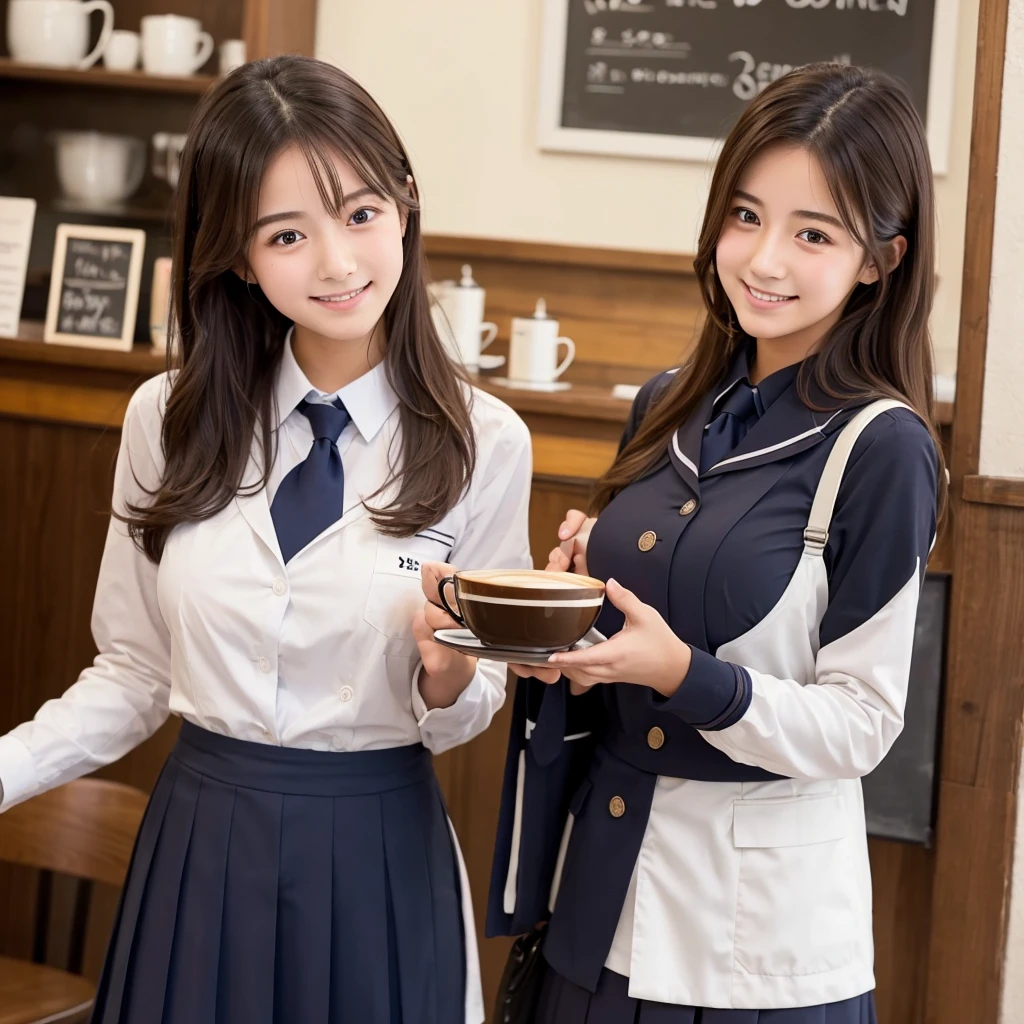 A high school girl at a cafe shows off her nipples through the gap in her uniform、More attractive than cappuccino art