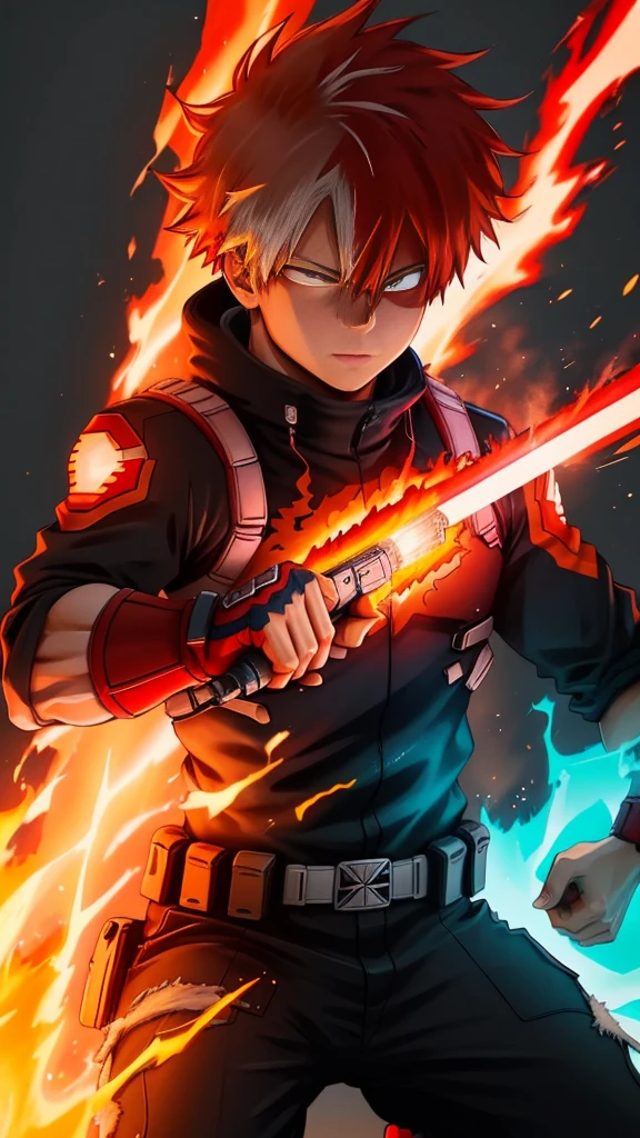 Create a poster of Shoto Todoroki from the anime 'My Hero Academia'. The image should feature a neon glow effect. Half of Todoroki's body should be engulfed in ice, while the other half is ablaze with fire. Make sure the ice side is cool with frosty blue and white hues, and the fire side is hot with vibrant red and orange flames. Include a dynamic pose and a detailed background that complements the neon glow effects. Add any other details to enhance the overall aesthetic of the poster