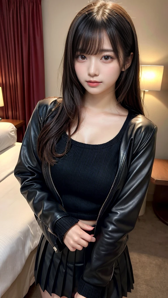 masterpiece, best quality, illustration, Super detailed, fine details, High resolution, 8K,wall paper, perfect dynamic composition, front view, upper body, Upper body only, 18 year old girl, Gravure Idol, cute type, (Details High quality, realistic depiction of eyes:1.3), revealing clothes, straight hair, bangs, black hair color, Dark makeup, Big Natural Color Lip, perfect body shape, plump figure, beautiful clavicle, Black leather jacket, Knit sweater that goes all the way down to the neck, pleated skirt, hotel room