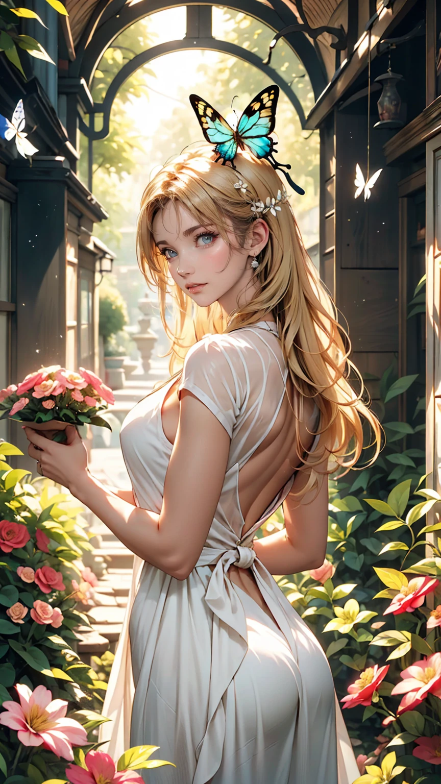 Very delicate and beautiful, wonderful, In detail, masterpiece, Very detailed, High resolution,Best illustrations, Best Shadow,Complex,Sharp focus,  high quality, Japanese female 1 person, alone, Blonde. Red eyes, Kaveh Genshin Impact, Glass greenhouse, Potted flowers, Flowers for sale, Woman looking at flowers, Flowers are blooming everywhere, Lens flare,Sleeveless,Beautiful breasts