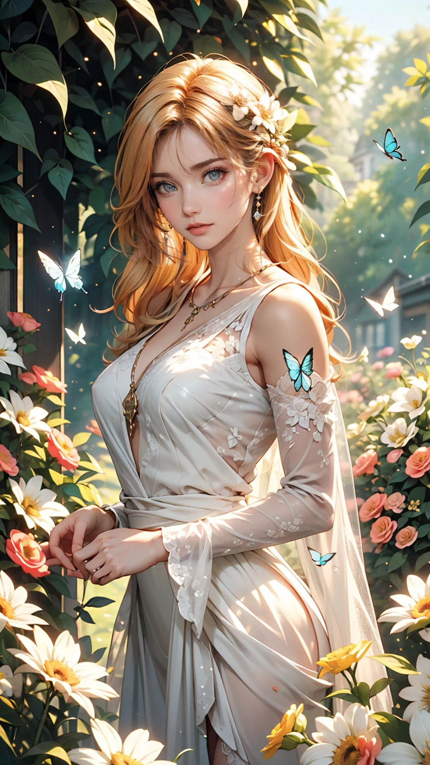 A girl with flowing golden hair and captivating blue eyes, Wearing an elegant white dress, Standing in the middle of a vibrant garden filled with blooming flowers and lush greenery. The sunlight gently illuminates her delicate face, Gives a soft glow to her perfect skin. She holds a delicate butterfly in her hand, As the gentle wind swirls around her, Let the flowers dance in harmony. The scene is depicted in a breathtaking oil painting., It is a masterpiece, carefully crafted down to the last detail.. The colors are vibrant and vivid, Pastel pale colors, Give your artwork a dreamy texture. The lighting is soft and diffused, create a calm and quiet atmosphere. High-resolution images are、It showcases the artist&#39;s flawless technique., Accurately capture every intricate detail. The overall atmosphere is beautiful., Grace, And magic. The artwork is reminiscent of classical portraiture, Add a touch of fantasy and whimsy, evoke a sense of wonder and awe