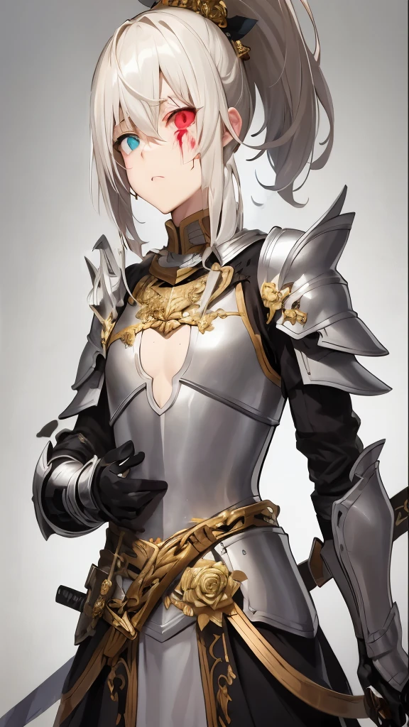 Female Knight，High Ponytail，blond，Heterochromia（Left Gold and White），The main body is silver-white, with some blue embellishments. The armor is slightly damaged.，The chest is decorated with a carved dark gold rose，The helmet is held at the waist，Scars on the face，Blood stains on armor，，Style tends to be two-dimensional，Use more cool colors，Dark Style，Face the lens，Tears in the eyes，There are some blood stains on the face