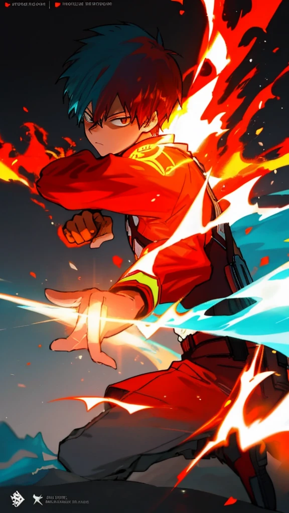 Create a poster of Shoto Todoroki from the anime 'My Hero Academia'. The image should feature a neon glow effect. Half of Todoroki's body should be engulfed in ice, while the other half is ablaze with fire. Make sure the ice side is cool with frosty blue and white hues, and the fire side is hot with vibrant red and orange flames. Include a dynamic pose and a detailed background that complements the neon glow effects. Add any other details to enhance the overall aesthetic of the poster