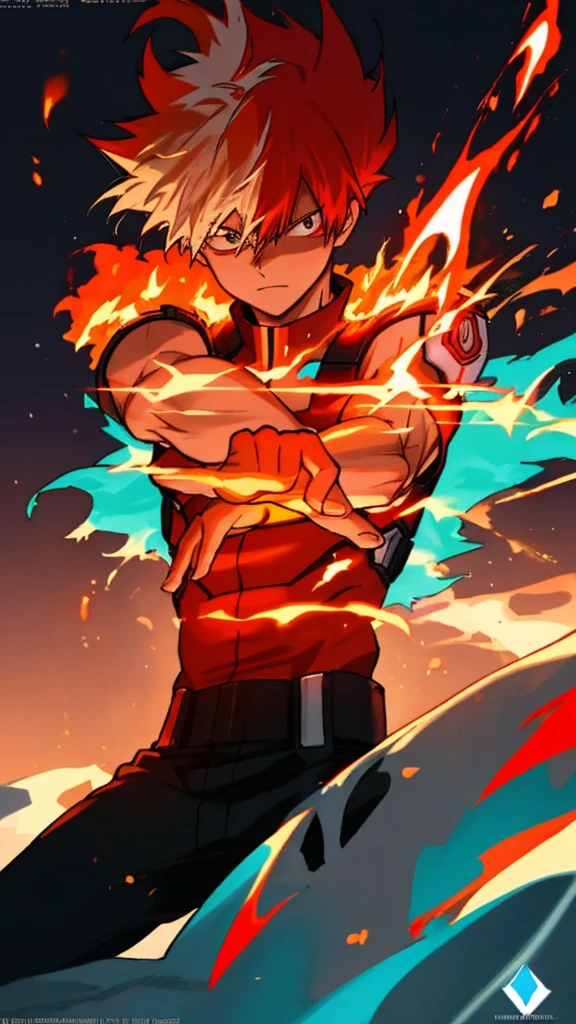 Create a poster of Shoto Todoroki from the anime 'My Hero Academia'. The image should feature a neon glow effect. Half of Todoroki's body should be engulfed in ice, while the other half is ablaze with fire. Make sure the ice side is cool with frosty blue and white hues, and the fire side is hot with vibrant red and orange flames. Include a dynamic pose and a detailed background that complements the neon glow effects. Add any other details to enhance the overall aesthetic of the poster