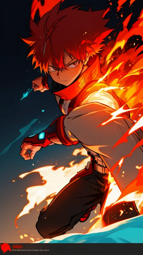 Create a poster of Shoto Todoroki from the anime 'My Hero Academia'. The image should feature a neon glow effect. Half of Todoroki's body should be engulfed in ice, while the other half is ablaze with fire. Make sure the ice side is cool with frosty blue and white hues, and the fire side is hot with vibrant red and orange flames. Include a dynamic pose and a detailed background that complements the neon glow effects. Add any other details to enhance the overall aesthetic of the poster