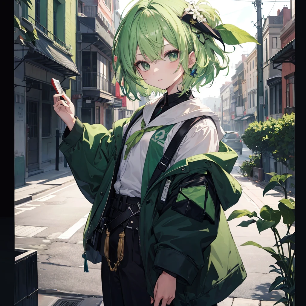 highest quality, highest quality, light green hair, graduated haircut, no background