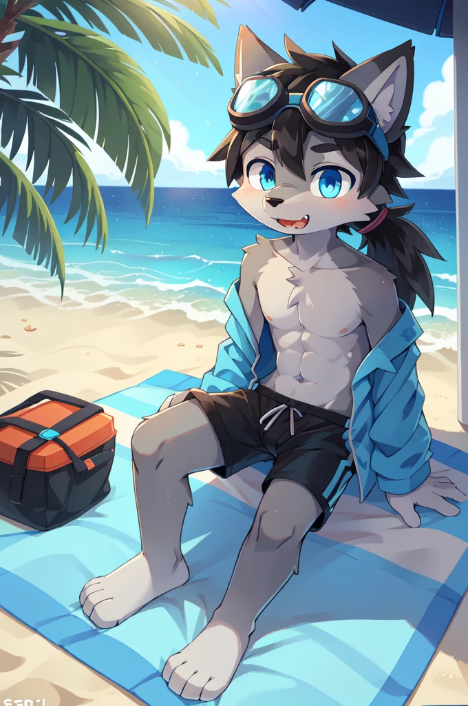 Furry shota, wolf, black hair, long spiky ponytail, blue eyes, detailed body fur, ((goggles, blue hawaiian shirt, open clothes, one shoulder off, black swim trunks)), looking at another, fangs, clear grey body fur, detailed face, big eyebrows, detailed eyes, detailed body, detailed body fur, detailed hands, glistering body, shiny body, skinny, full body, feets with three toes, 3 toes, solo, beach, score_9,score_8_up,score_7_up, source_cartoon, source_furry, sitting, :3, glowing blue eyes, sitting on a beach chair, low angle shot, foot focus, feet paws, 3 toes, black paw pads, pink paw pads, navel,