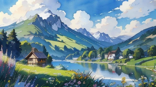 (top quality、masterpiece、A high resolution)、(Watercolor in Sargent style)、(anime art)、soft light、Views of the Cotswolds、an old house、flowers bloom、((4 women、everyone is standing))、(Detailed picture of a beautiful face)、smile tenderly、Medium short hair、dark brown hair、braided hair、White blouse and long skirt、a picnic、cinematic light、soft sunlight、lake、Beautiful mountain range in the background、Blur Background、 