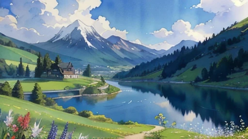 (top quality、masterpiece、A high resolution)、(Watercolor in Sargent style)、(anime art)、soft light、Views of the Cotswolds、an old house、flowers bloom、((4 women、everyone is standing))、(Detailed picture of a beautiful face)、smile tenderly、Medium short hair、dark brown hair、braided hair、White blouse and long skirt、a picnic、cinematic light、soft sunlight、lake、Beautiful mountain range in the background、Blur Background、