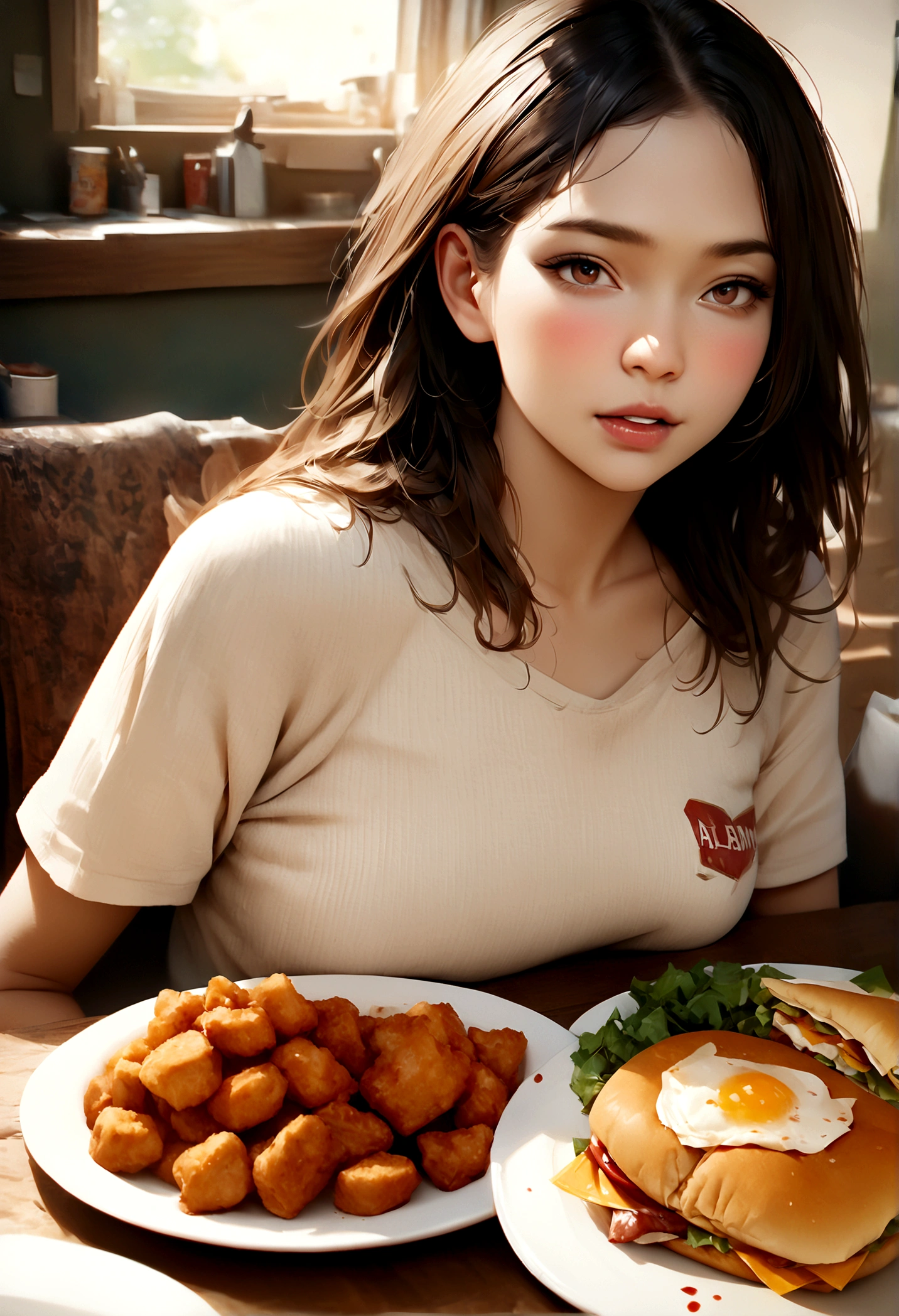 Absurd resolution, A high resolution, (masterpiece:1.4), ((gigantic braests:1.6)), ultra - detailed, 1girll, brown color eyes, cabelos preto e longos,Wear a over size White T-shirt, ((be nibbling at a hamburger in MacDonald shop)),sexyposture,