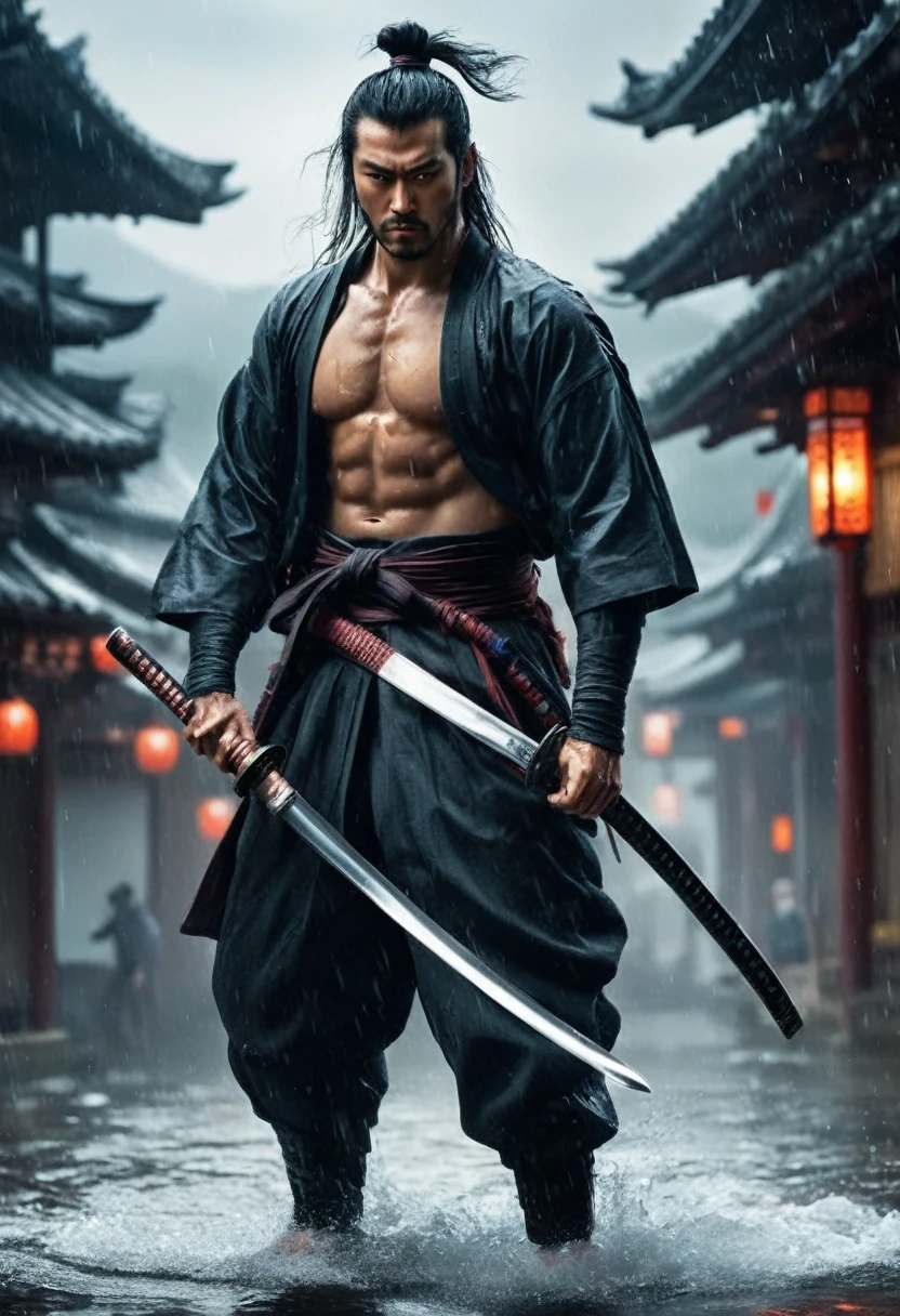 best quality，Ultra-fine，warrior samurai in water ，Air，One hand holding a katana，Face mask，fighting，Dodge，avoid，lifelike，photorealism：1.37），bright colors，clear focus，Defocused，（fantasy：1.2），（mystical landscapes），（dynamic poses：1.37），（intense gaze），（Extraordinary power），（the power of myth），black ，rainy day，Wounds on the body，splash, (clothes, pants and shoes like a futuristic samurai), mature male, /(long black hair tied up/) bangs, cool expression, (serious look:0.5), dignified, (masterpiece best quality:1.2) delicate illustration ultra-detailed, Air，One hand holding a katana，Face mask，fighting，Dodge，avoid，lifelike，photorealism：1.37），bright colors，clear focus，Defocused，（fantasy：1.2），（mystical landscapes），（dynamic poses：1.37），（intense gaze），（Extraordinary power），（the power of myth）