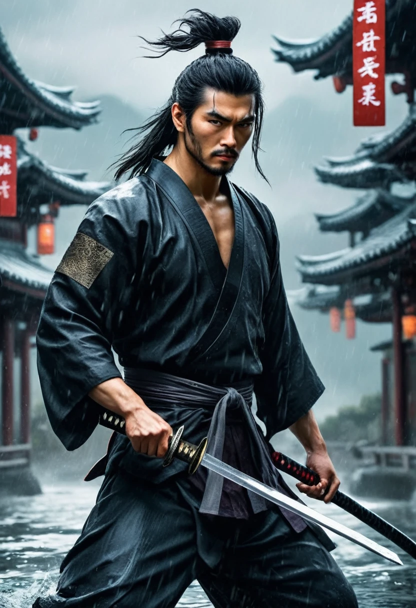 best quality,Ultra-fine,warrior samurai in water ,Air,One hand holding a katana,Face mask,fighting,Dodge,avoid,lifelike,photorealism:1.37),bright colors,clear focus,Defocused,(fantasy:1.2),(mystical landscapes),(dynamic poses:1.37),(intense gaze),(Extraordinary power),(the power of myth),black ,rainy day,Wounds on the body,splash, (clothes, pants and shoes like a futuristic samurai), mature male, /(long black hair tied up/) bangs, cool expression, (serious look:0.5), dignified, (masterpiece best quality:1.2) delicate illustration ultra-detailed, Air,One hand holding a katana,Face mask,fighting,Dodge,avoid,lifelike,photorealism:1.37),bright colors,clear focus,Defocused,(fantasy:1.2),(mystical landscapes),(dynamic poses:1.37),(intense gaze),(Extraordinary power),(the power of myth)