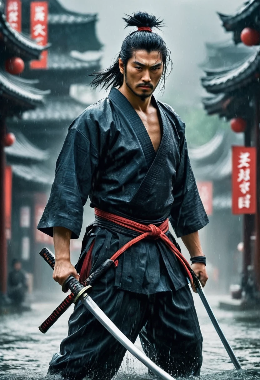 best quality，Ultra-fine，warrior samurai in water ，Air，One hand holding a katana，Face mask，fighting，Dodge，avoid，lifelike，photorealism：1.37），bright colors，clear focus，Defocused，（fantasy：1.2），（mystical landscapes），（dynamic poses：1.37），（intense gaze），（Extraordinary power），（the power of myth），black ，rainy day，Wounds on the body，splash, (clothes, pants and shoes like a futuristic samurai), mature male, /(long black hair tied up/) bangs, cool expression, (serious look:0.5), dignified, (masterpiece best quality:1.2) delicate illustration ultra-detailed, Air，One hand holding a katana，Face mask，fighting，Dodge，avoid，lifelike，photorealism：1.37），bright colors，clear focus，Defocused，（fantasy：1.2），（mystical landscapes），（dynamic poses：1.37），（intense gaze），（Extraordinary power），（the power of myth）