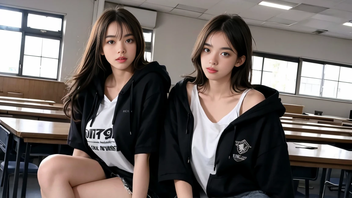 deux ensemble de 18 ans sexy eince , black short sleeve hoodie , salle de classe, se touche,position sey,sensuel