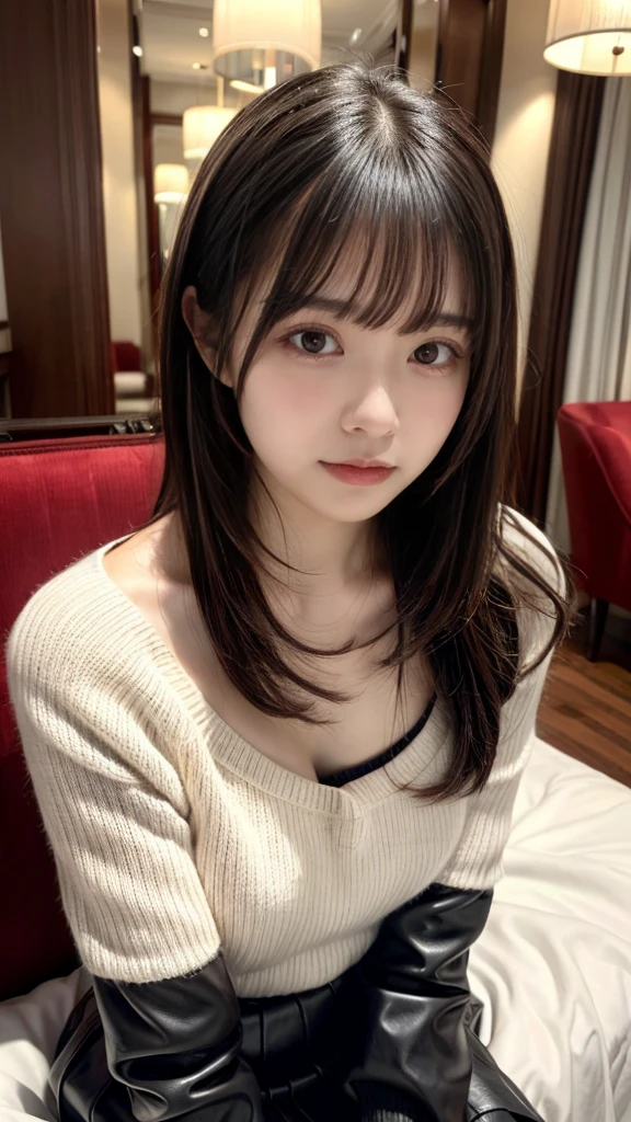 masterpiece, best quality, illustration, Super detailed, fine details, High resolution, 8K,wall paper, perfect dynamic composition, front view, upper body, Upper body only, 18 year old girl, Gravure Idol, cute type, (Details High quality, realistic depiction of eyes:1.3), revealing clothes, straight hair, bangs, black hair color, Dark makeup, Big Natural Color Lip, perfect body shape, plump figure, beautiful clavicle, Black leather jacket, Knit sweater that goes all the way down to the neck, pleated skirt, hotel room