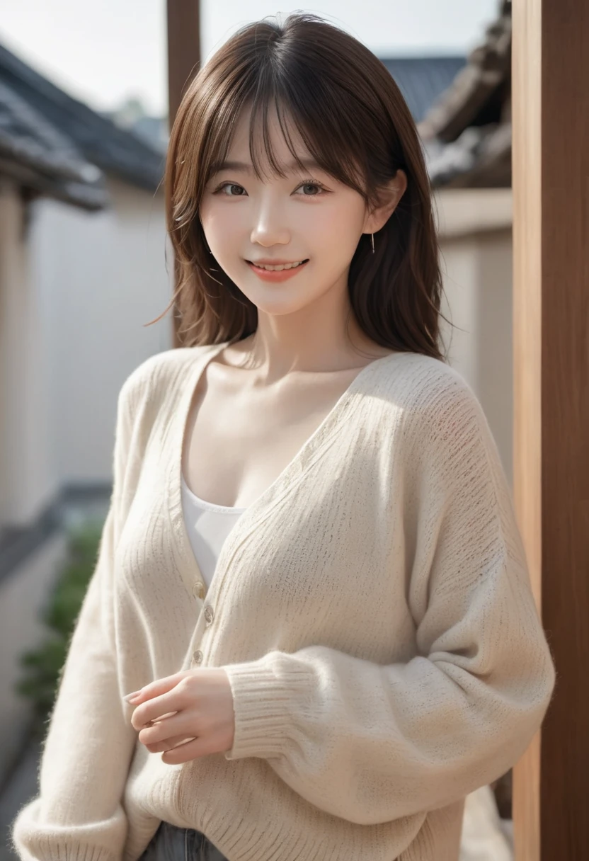 (Highest quality,8K quality,masterpiece:1.3),(Ultra-high resolution,Realistic:1.4,Live Shooting),(Very detailed,Caustics),(Ultra-Realistic Capture,(((Fancy Meals))),beautifully detailed skin),19 years old,Beautiful Japanese, Medium Hair, Asymmetrical bangs, Brown Hair, I'm looking at the camera with a smile on my face,Soft Light,A ray of light shining from above,Natural light,((Summer knitwear)),(((1 female))),Night view,French cuisine、Full