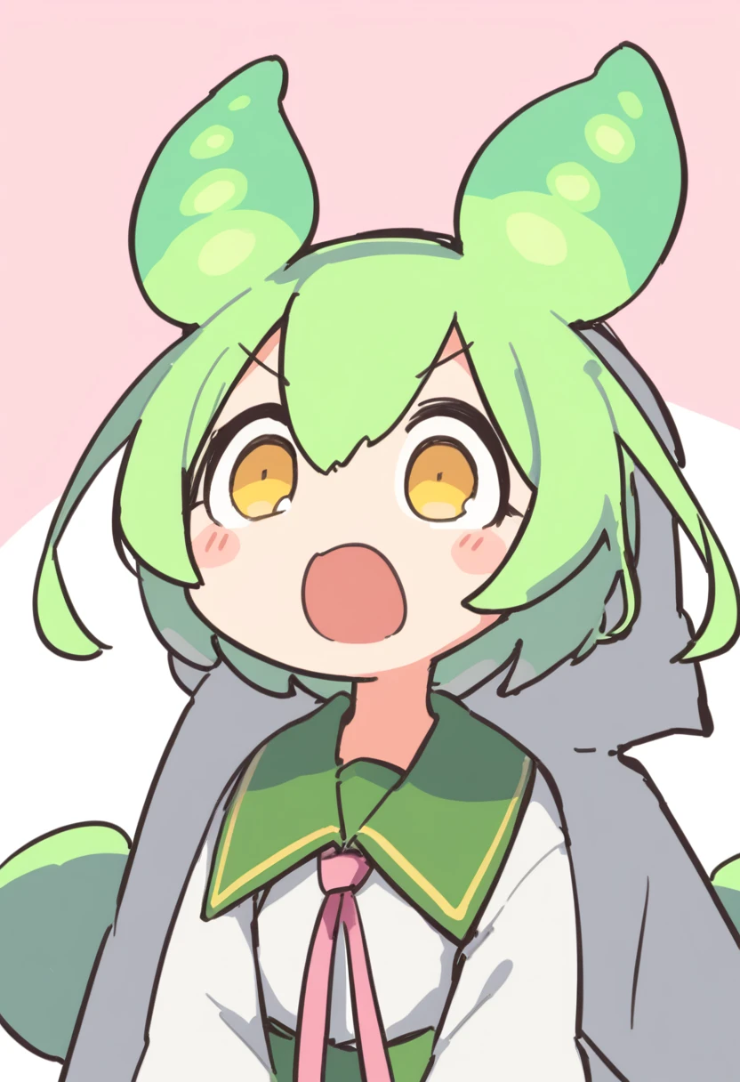 One girl,Zundamon,Voice Box ,Green Hair,、Wide open mouth、Surprised face、Jaw detached、Funny Face,Simple white background、No text