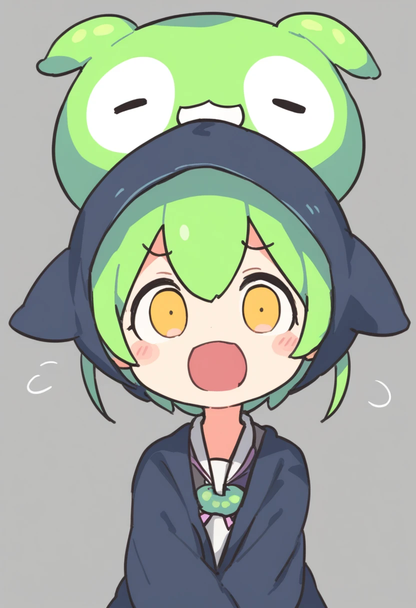 One girl,Zundamon,Voice Box ,Green Hair,、Wide open mouth、Surprised face、Jaw detached、Funny Face,Simple white background、No text