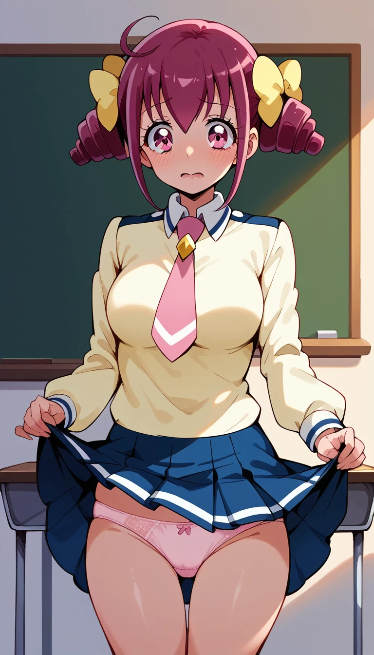 Score 9, Score 8 up, Score 7 up, The rating is questionable,
Detailed Background, Shiny skin,Miyuki Hoshizora,
hoshizora miyuki, pink hair, twin drills, pink eyes, nanairogaoka middle , pink necktie,nsfw,panties,lift up skirt,,large breasts,whole body,thin,embarrassed,daytime,in the classroom,anime style,high quality,masterpiece,highly detailed