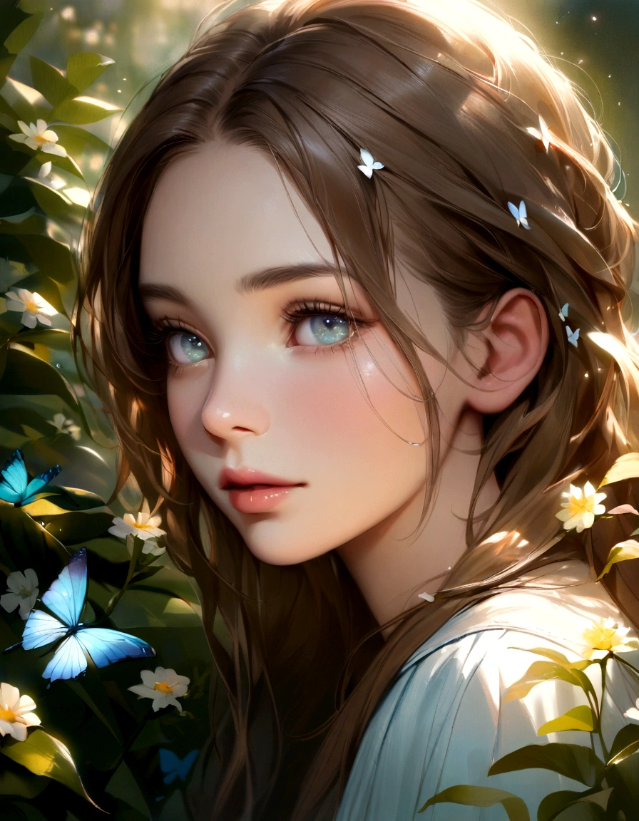 (best quality,highres:1.2),ultra-detailed,realistic,portrait,a girl in a garden,greenery,beautiful detailed eyes,beautiful detailed lips,long eyelashes,soft lighting,pastel color tones,peaceful atmosphere,gentle breeze,subtle sunlight,long brown hair flowing,butterflies flying around,dewdrops on flowers,expression of tranquility and joy.