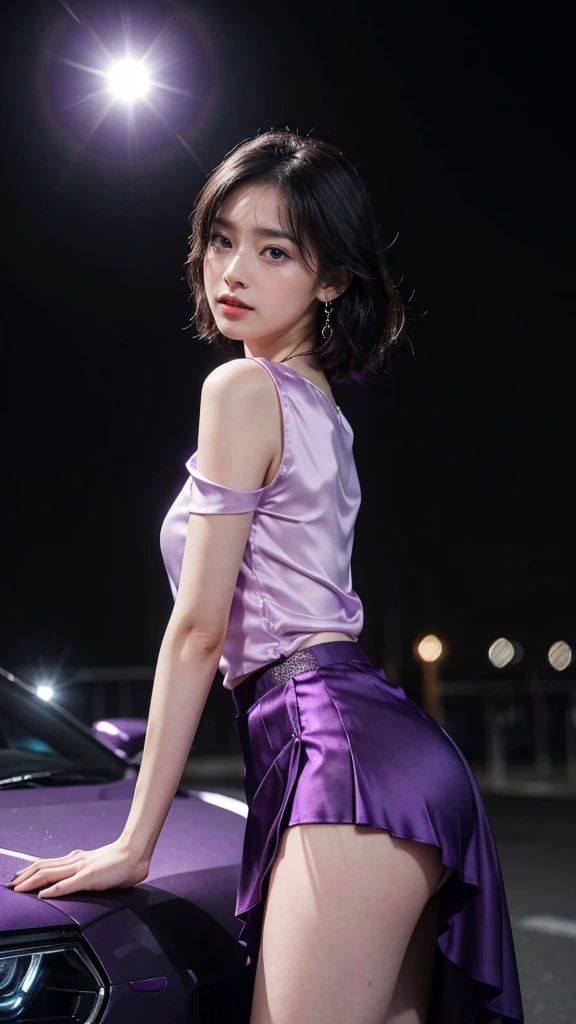 8k, masterpiece, RAW photo, best quality, photorealistic, extremely detailed CG unity 8k wallpaper, Depth of field, Cinematic Light, Lens Flare, Ray tracing, (extremely beautiful face, beautiful lips, beautiful eyes), intricate detail face, ((ultra detailed skin)) 1girl, in the dark, deep shadow, pretty korean girl, kpop idol,(very slim slender fit-muscled body:1.3), ((looking at viewer)),(big smile:1.3), (night, (neon sign), (blurry background), midnight, (without people in the background:1.3), pretty korean girl, white diamond earrings, bracelets, necklace, clear eyes, standing , front shot, Standing in front of neon Lights, Beside Purple Lamborghini car, (pale skin), (big eyes), full body shot, ((see through blouse)), (hot satin purple color blouse)), ((purple satin laced skirt)), (looking at viewer:1.3), very slim, breast, super round big breasts under the dress, Hermes bag, Above knee length skirt, updo hair, short hair, front face shot, ((Face Shot)), ((4 Different poses)), ((sexy angles)), medium butts