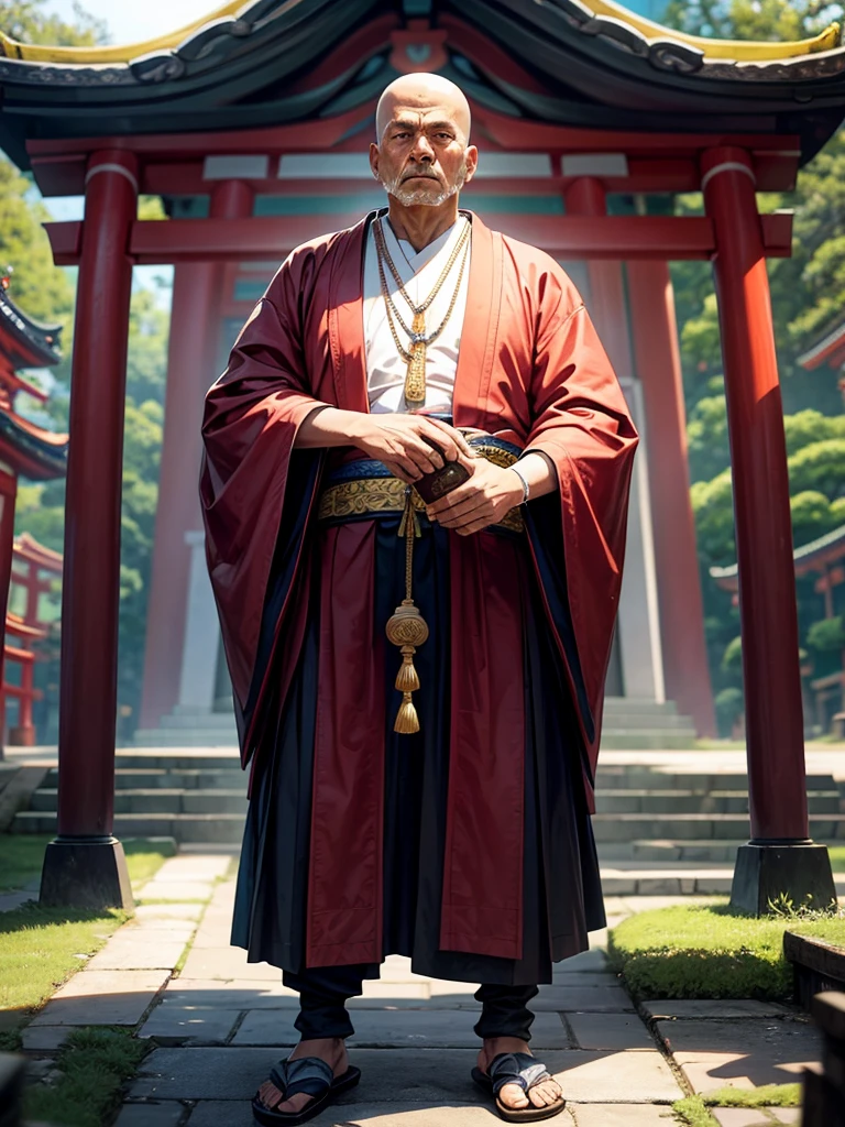 Highest quality,Highest Resolution,An old monk holding a rosary,Temple grounds,Japan,Skinhead,Standing posture,Crystal Jade,Boxing,