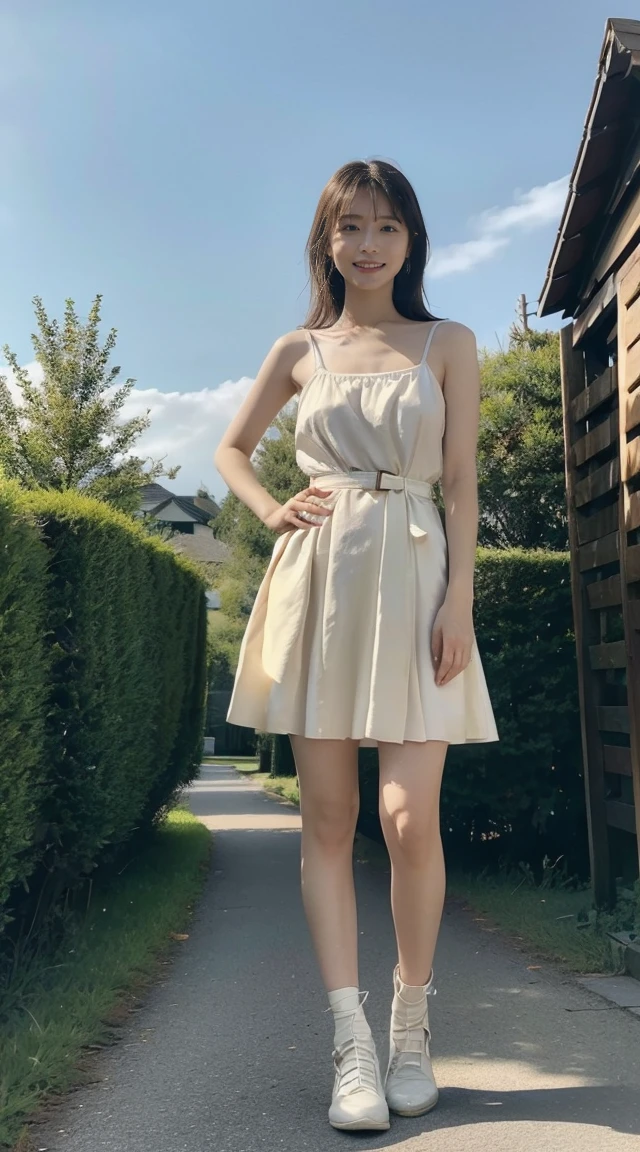 (8K、RAW Photos、Highest quality、masterpiece:1.2)、(Realistic、Photorealistic)、1 Girl、((Camisole dress、I can see your feet、belt、Big Breasts、Viewed from the front、Stand with your feet apart、)、Lots of eyelashes、Add shine to your eyelids、skeletally correct、Sweaty body、Beautifully trimmed fingertips、smile、Stand with hands on hips、 the sky