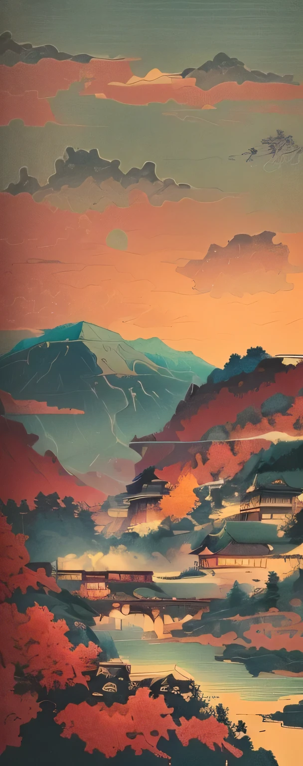 illustration of a mountain town with a river and a mountain in the background, in the art style of ukiyo - e, inspired by Yoshida Hanbei, inspired by Kawase Hasui, detailed scenery —width 672, inspired by Hasui Kawase, kilian eng vibrant colours, detailed digital illustration, inspired by Tōshi Yoshida