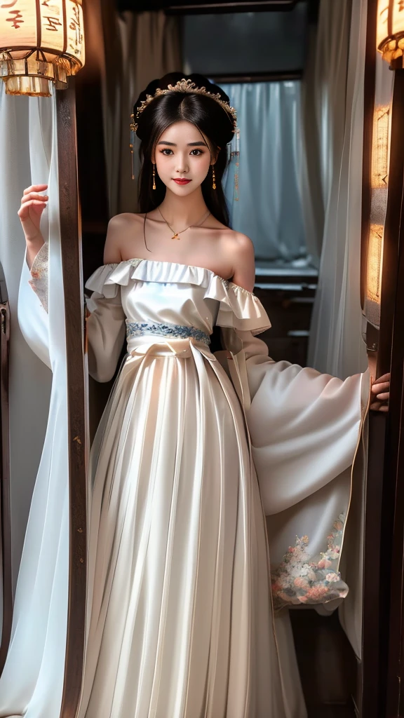 Girl in traditional Chinese clothing, Hanfu, Guzhen Hanfu women, White Hanfu,long straight black hair, black eyes, black bun hairstyle, hair accessories ,white diamond earrings, Bangle Diameter, Dia Necklace, Clear eyes, Facing forward,put on makeup, Long eyelashes ,(Long shoulder coat:1.5), (long white skirt:1.5), ((Whole body)), ((from below))ฃ, Clear face, , (Very beautiful face, Beautiful mouth, beautiful eyes), detailed face, ((Ultra-fine skin)), In the dark, deep shadows, an ancient Chinese girl (Very slim figure 1.3) ,Plump breasts, sexy slender legs elegant posture (smile brightly) ,(slum:1.5),